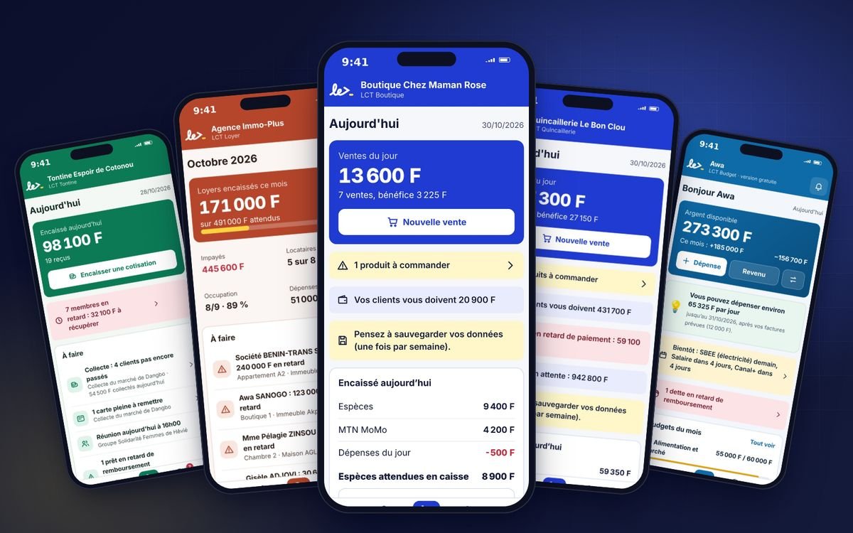 Applications LeCodeTech ouvertes sur des téléphones : ventes du jour, loyers, tontine et budget