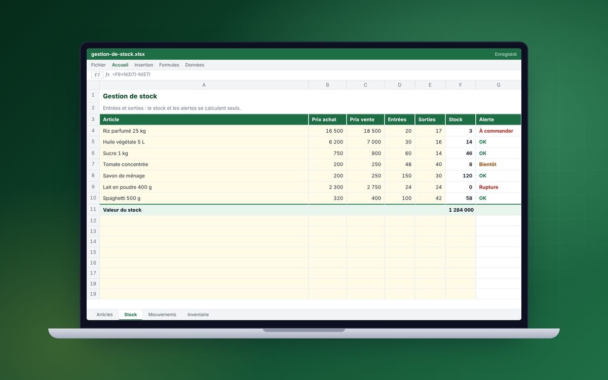 Aperçu du modèle Tableau de gestion de stock ouvert dans un tableur